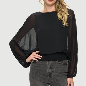 Chiffon Navy Blue Batwing Sleeve Top with Waistband Size M
